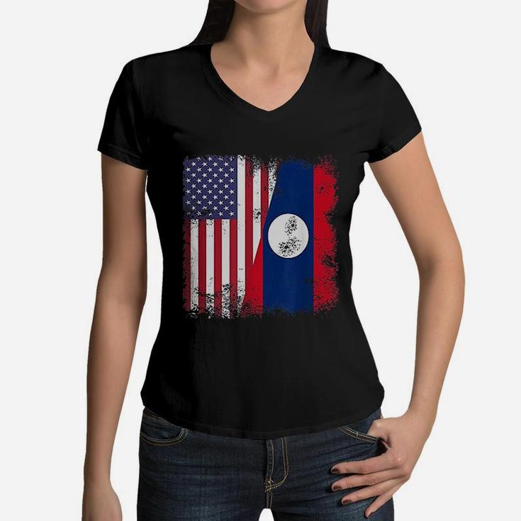 Half Lao Laotian Flag Vintage Laos Usa Gift Women V-Neck T-Shirt