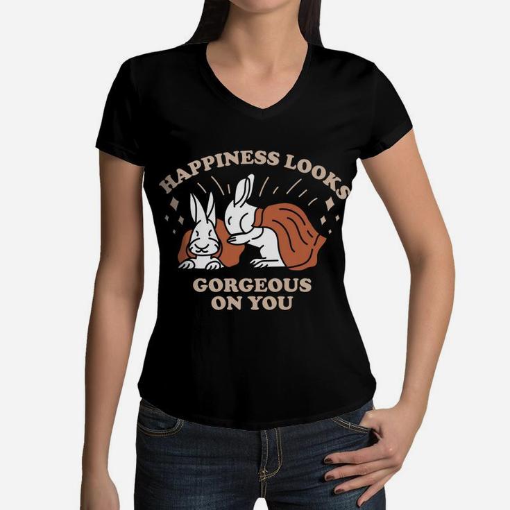 Happiness Looks Gorgeous On You Love Rabbit Couple Women V-Neck T-Shirt