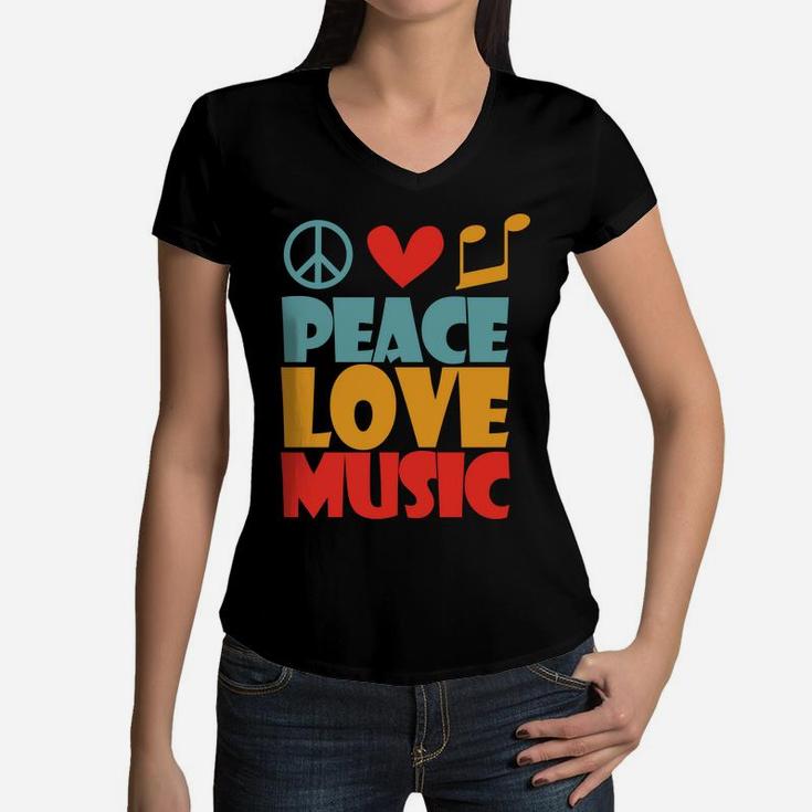 Hippie Peace Love Music Note Funny Hippie Idea Women V-Neck T-Shirt