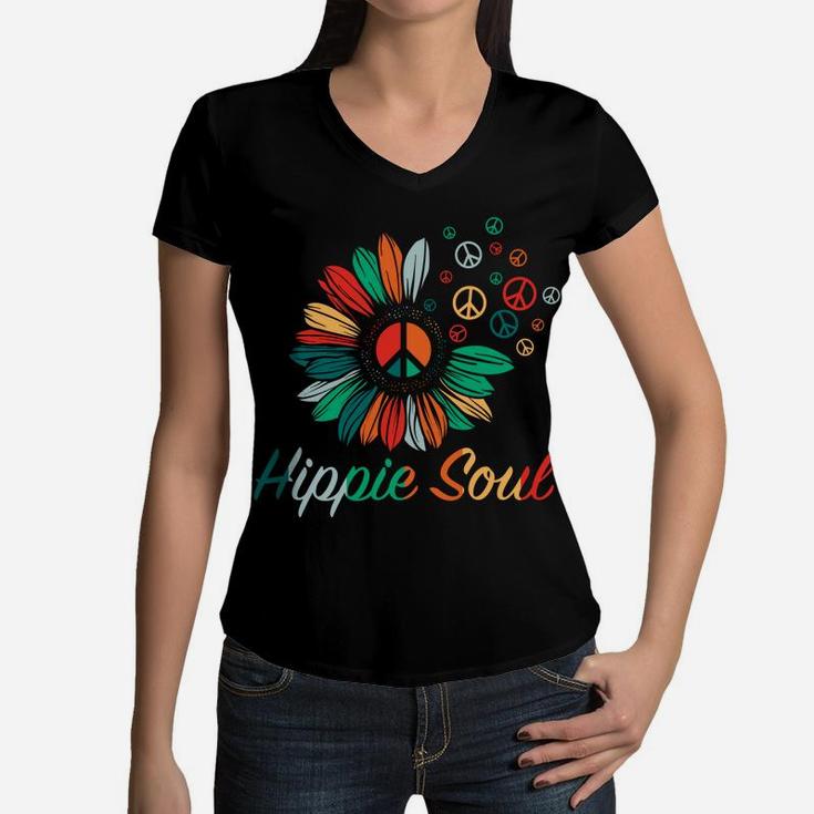 Hippie Soul Sunflower Colorful Peace Sign Hippie Gift Women V-Neck T-Shirt