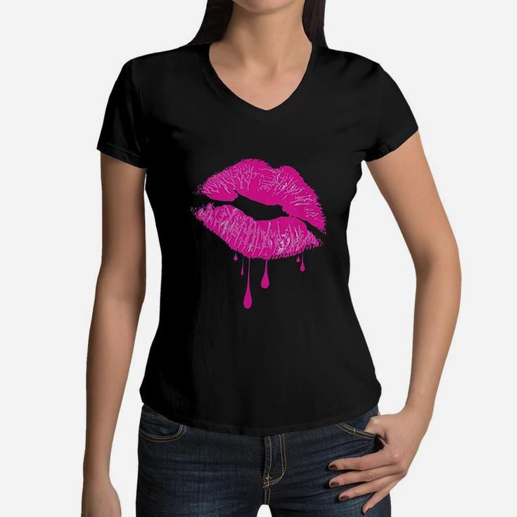 Hot Pink Lips Kiss 80s Retro Vintage Lipstick Party Women V-Neck T-Shirt