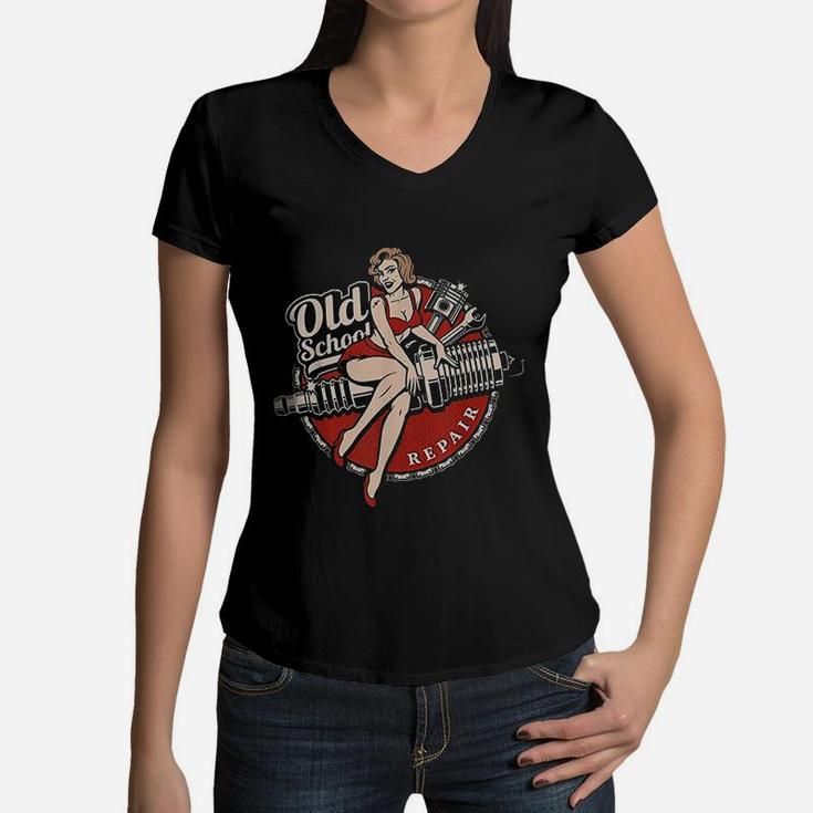 Hot Rod Art Retro Vintage Classic Car Rockabilly Old School Women V-Neck T-Shirt