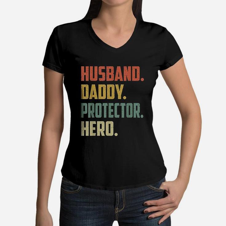 Husband Daddy Protector Hero Vintage Colors Women V-Neck T-Shirt