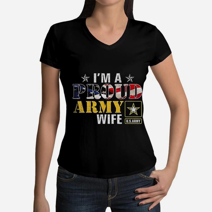 I Am A Proud Army Wife American Flag Military Gift Veteran Women V-Neck T-Shirt