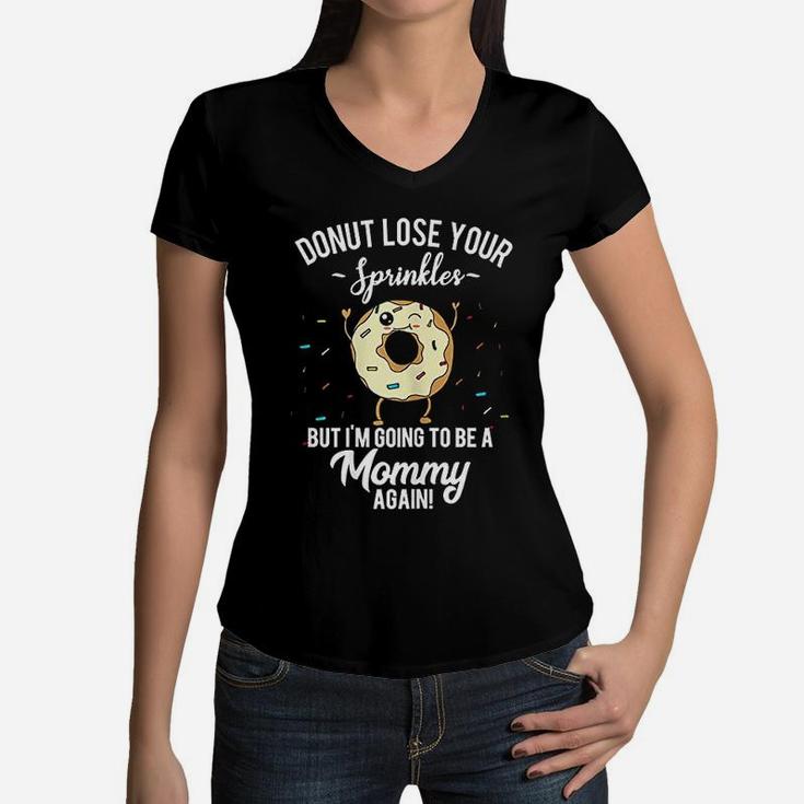 I Am Going To Be A Mommy Again Funny Donut Mom Quote Reveal Women V-Neck T-Shirt