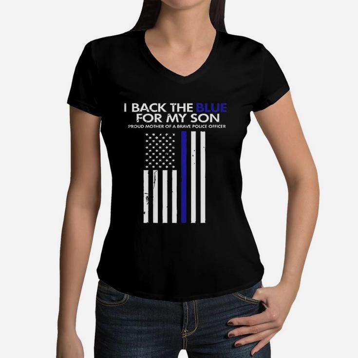 I Back The Blue For My Son Thin Blue Line Police Mom Women V-Neck T-Shirt