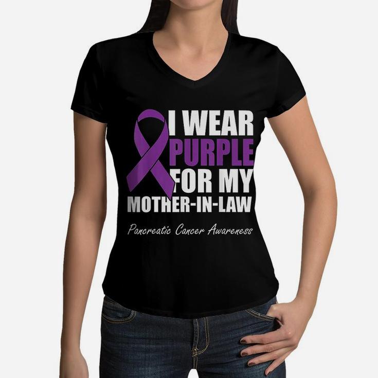 I Wear Purple For My Mother In Law Pancreatic Women V-Neck T-Shirt