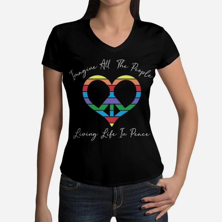 Imagine All The People Living Life In Peace Hippie Peace Heart Sign Women V-Neck T-Shirt