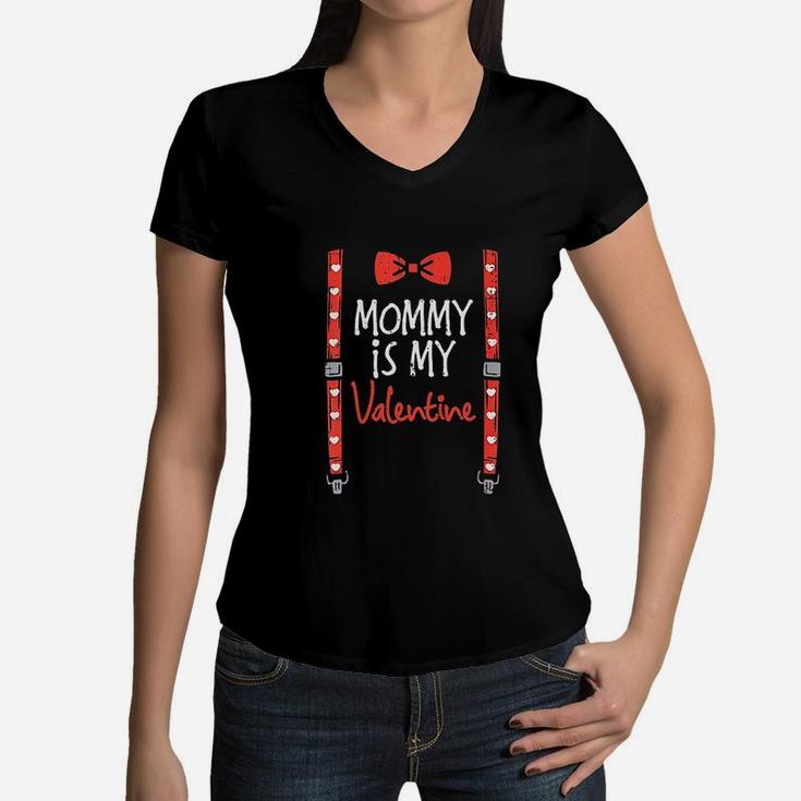 Kids Red Mommy My Valentine Suspenders Valentines Day Boys Gift Women V-Neck T-Shirt