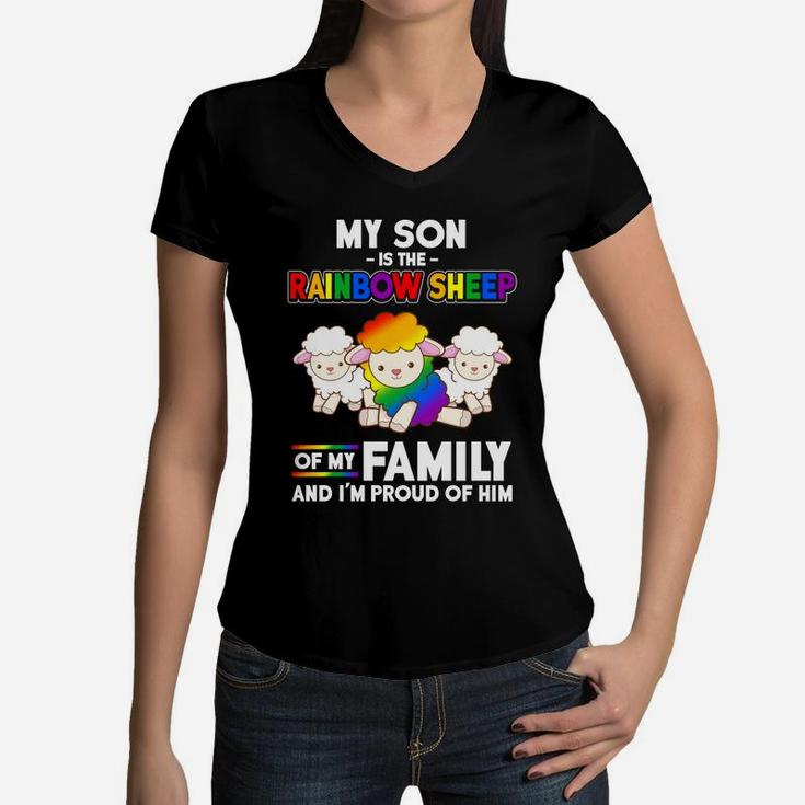 Lgbt My Son Is The Rainbow Sheep Mom Mothers Day Women V-Neck T-Shirt