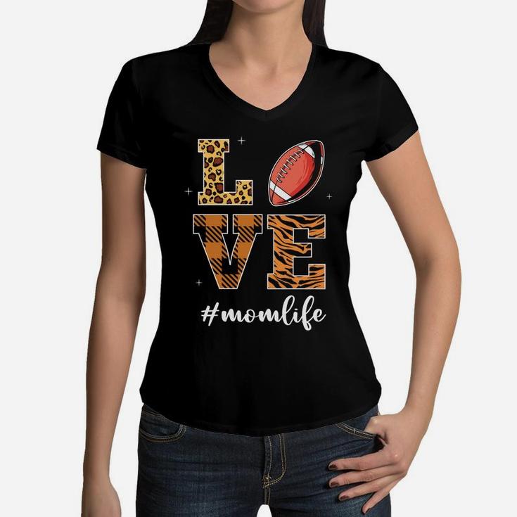 Love Mom Life Football Mom Leopard Plaid Gift For Mother Women V-Neck T-Shirt