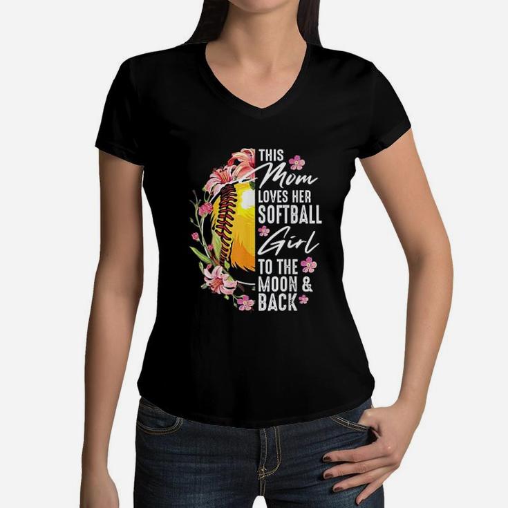Love Softball Mom Flowers Women V-Neck T-Shirt