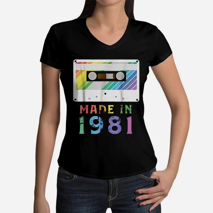 Made In 1981 Funny Retro Vintage Neon Gift Women V-Neck T-Shirt