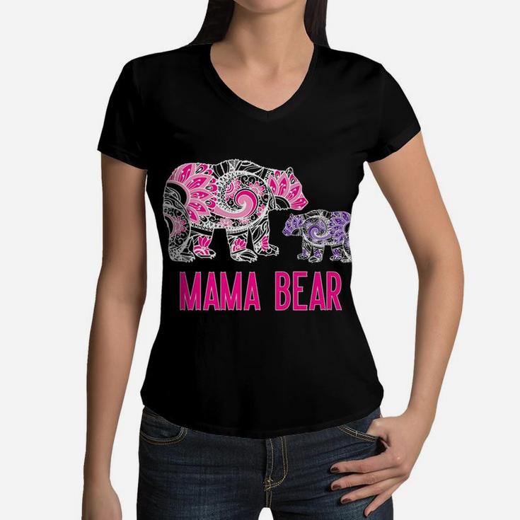 Mama Bear Floral Mama Bear Baby Bear Mandala Purple Women V-Neck T-Shirt