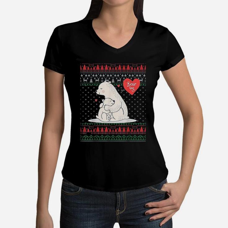 Mama Bear Hugs Ugly Christmas Family Matching Women V-Neck T-Shirt