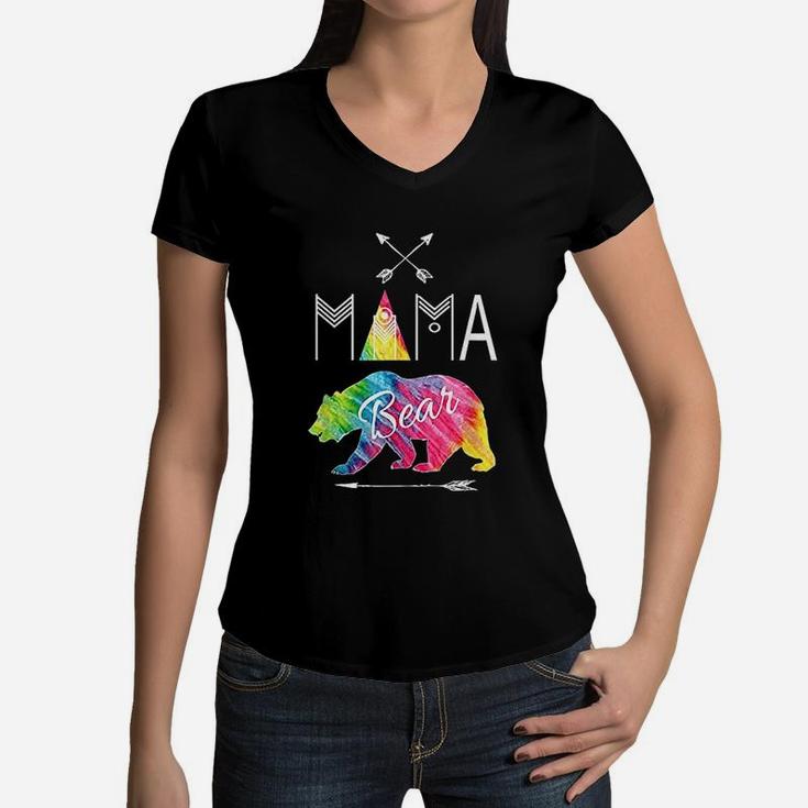 Mama Bear Tie Dye Matching Family Vacation And Camping Cool Women V-Neck T-Shirt