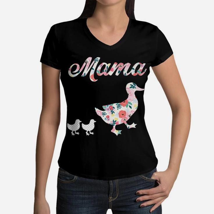 Mama Duck Mom Of 2 Mother Duck Women V-Neck T-Shirt