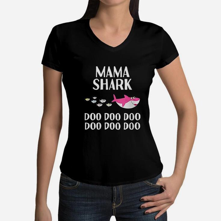 Mama Shark Doo Doo Gift For Mom Mothers Day Christmas Women V-Neck T-Shirt