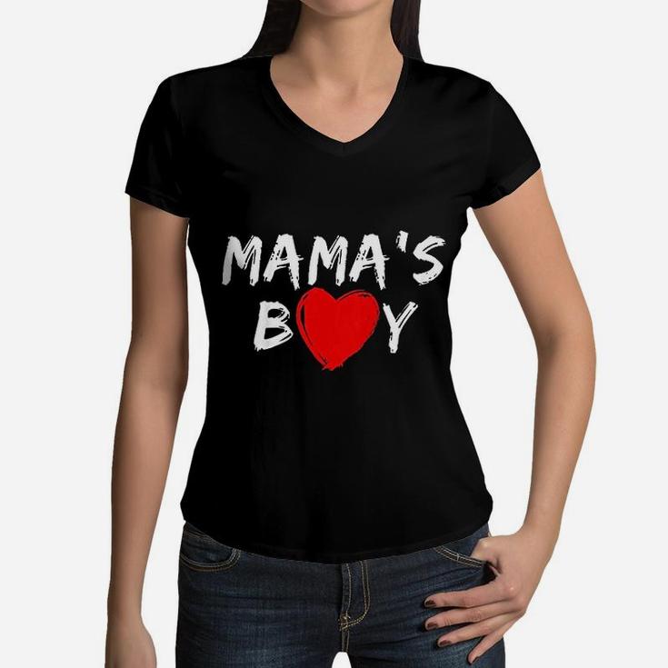 Mamas Boy Heart Valentines Day Women V-Neck T-Shirt