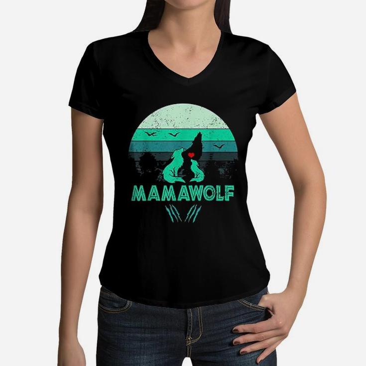Mamawolf Funny Wolf Mama Retro Vintage Sunset Women V-Neck T-Shirt