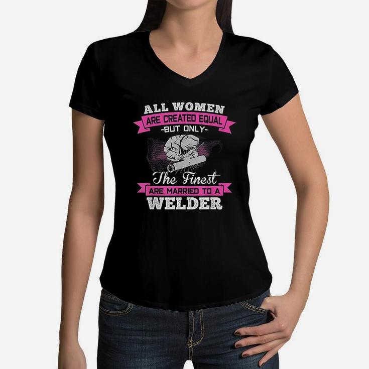 Married To A Welder Wife Husband Couple Family Funny Gift Women V-Neck T-Shirt
