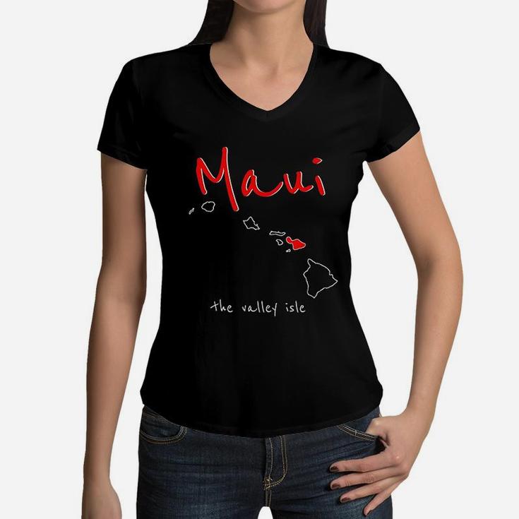 Maui The Valley Isle Vintage Maui Hawaii Vacation Women V-Neck T-Shirt
