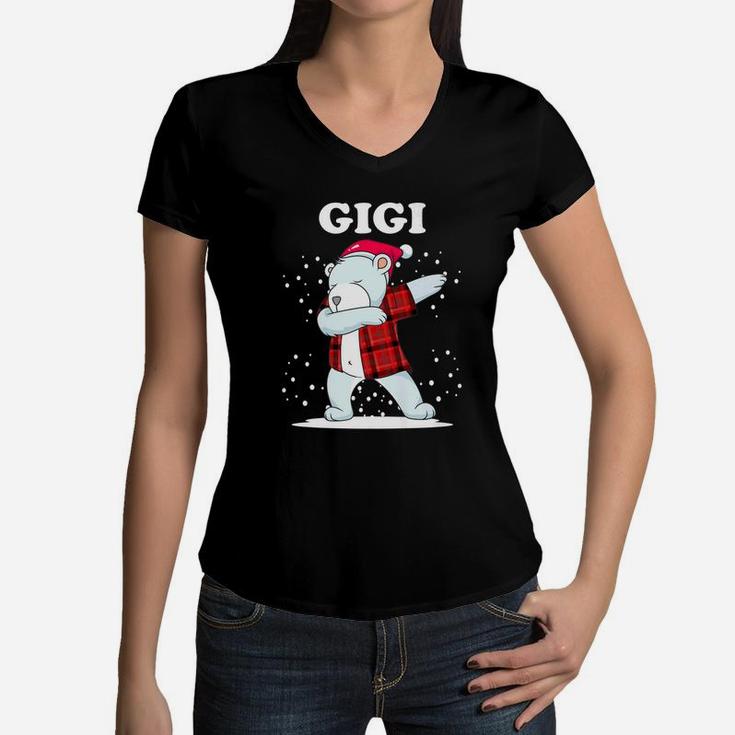 Mens Gigi Bear Matching Family Dabbing Bear Red Plaid Women V-Neck T-Shirt