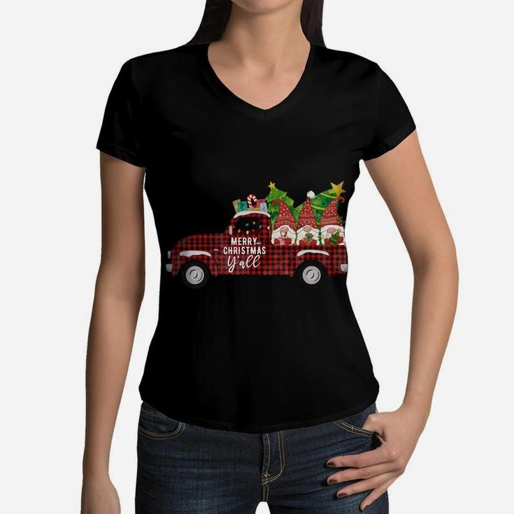 Merry Christmas Gnomes Red Plaid Truck Xmas Tree Happy Vacation Women V-Neck T-Shirt