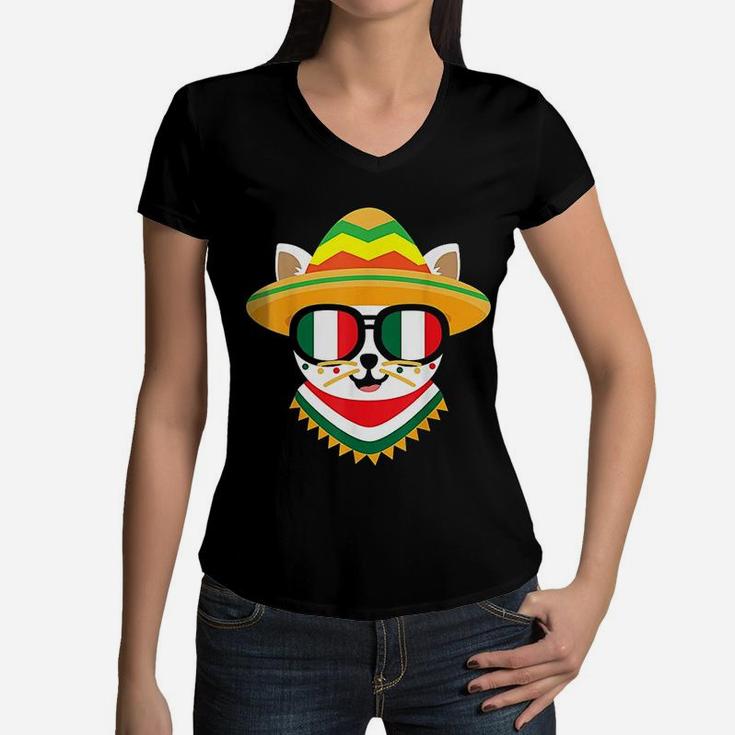 Mexican Cat Funny Taco Cinco De Mayo Cat Mom Women V-Neck T-Shirt