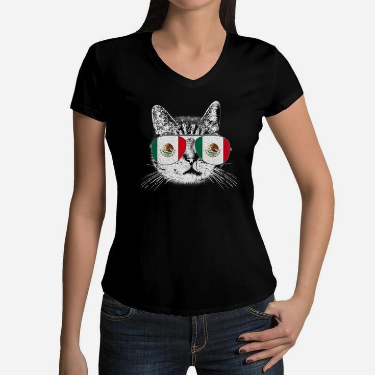 Mexican Flag Cinco De Mayo Mexico Flag Meow Fur Mom Dad Gift Premium Women V-Neck T-Shirt