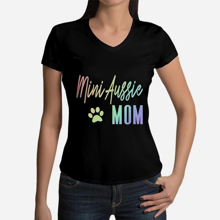 Mini Aussie Mom Rainbow Paw Print Australian Shepherd Dog Women V-Neck T-Shirt