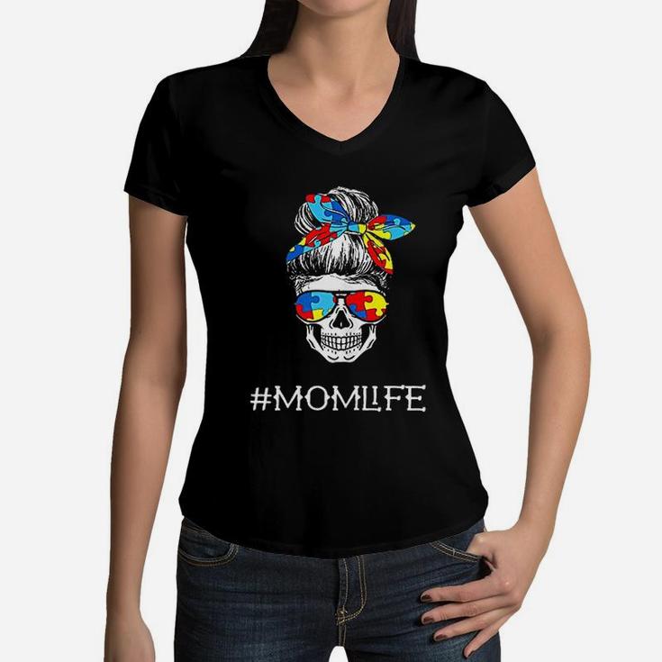 Mom Life Skull Tired Exhausted Awareness Mama Puzzle Women V-Neck T-Shirt