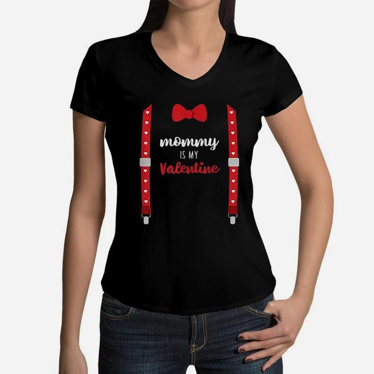 Mommy Is My Valentine Heart Mom Suspenders Bow Tie Women V-Neck T-Shirt