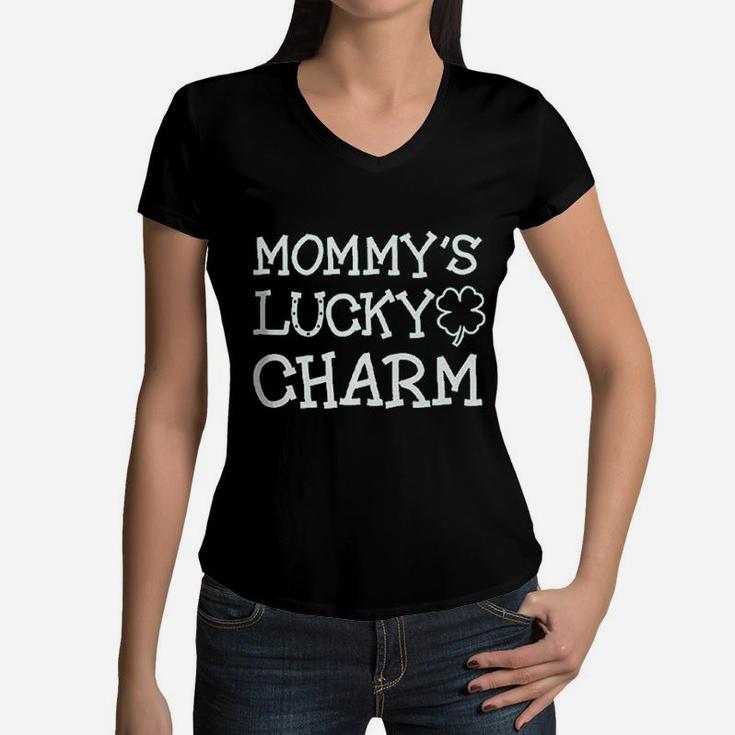 Mommys Lucky Charm Horseshoe Clover Women V-Neck T-Shirt