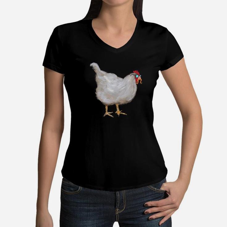 Mother Clucking Chicken In Disguise With Mustache Women V-Neck T-Shirt