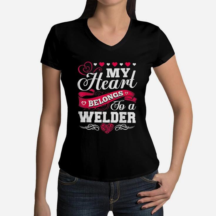 My Heart Belongs To A Welder For Wife Girlfriend Mom Women V-Neck T-Shirt