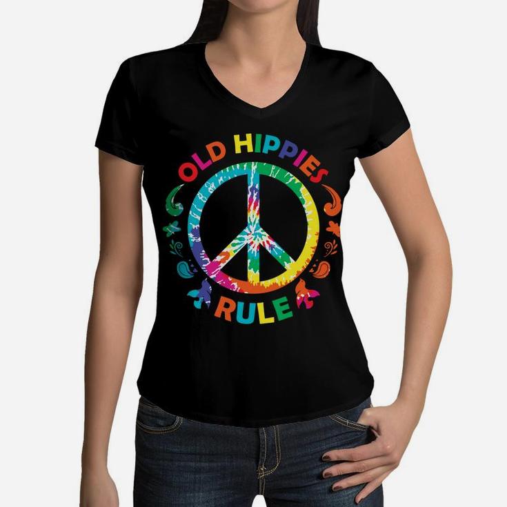 Old Hippies Rule Tie Dye Peace Sign Vinatge Hippie Women V-Neck T-Shirt