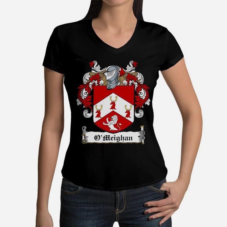 O'meighan Coat Of Arms Irish Family Crests Women V-Neck T-Shirt