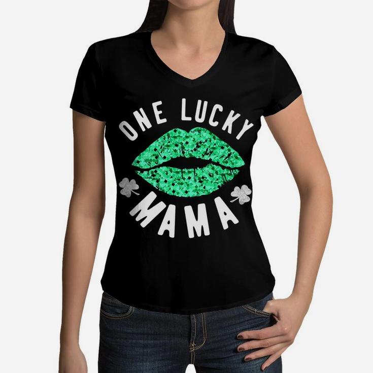 One Lucky Mama Green Lips St Patricks Day Women V-Neck T-Shirt