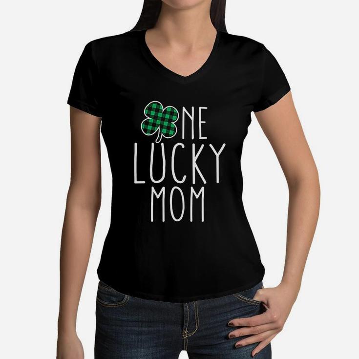 One Lucky Mom St Paddys Day Funny Shamrock Mama Women V-Neck T-Shirt
