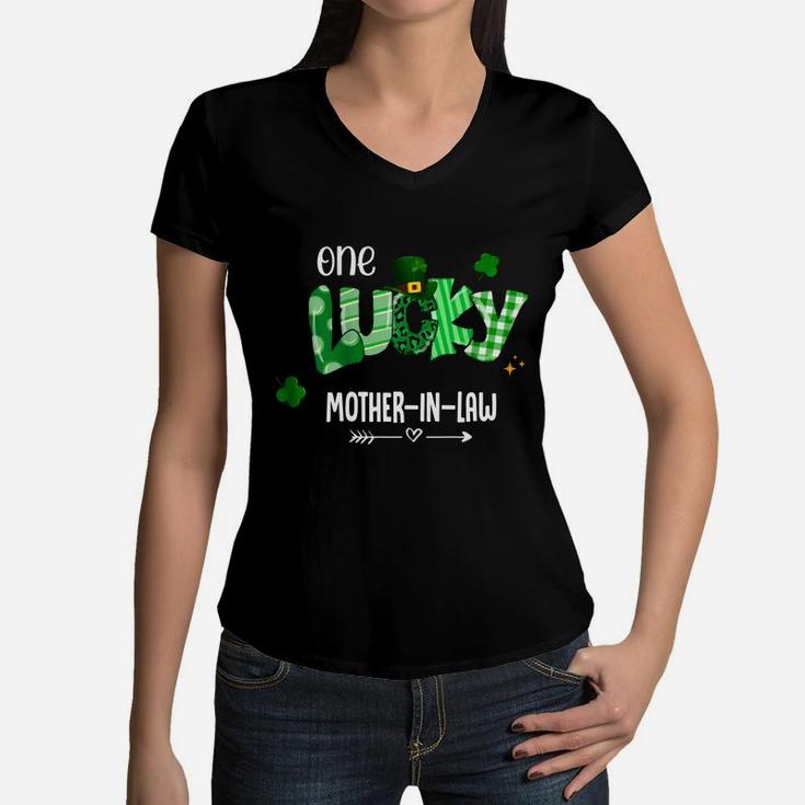 One Lucky Mother-in-law Shamrock Leopard Green Plaid St Patrick Day Family Gift Women V-Neck T-Shirt