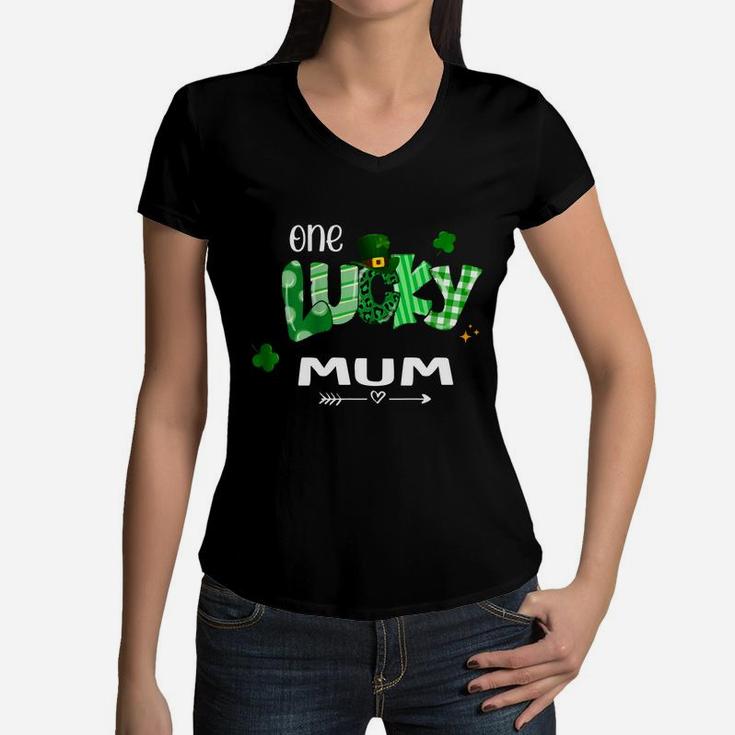 One Lucky Mum Shamrock Leopard Green Plaid St Patrick Day Family Gift Women V-Neck T-Shirt