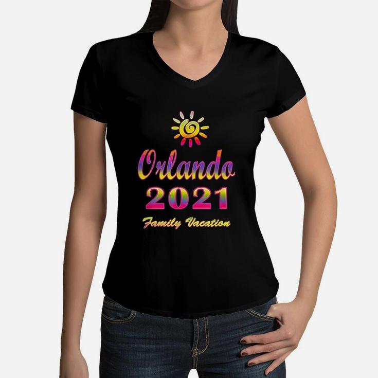 Orlando Fun Family Vacation 2021 Spiral Sun Rainbow Women V-Neck T-Shirt