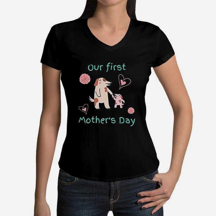 Our First Mothers Day Dog Lover Pug Funny Animal Lover Women V-Neck T-Shirt