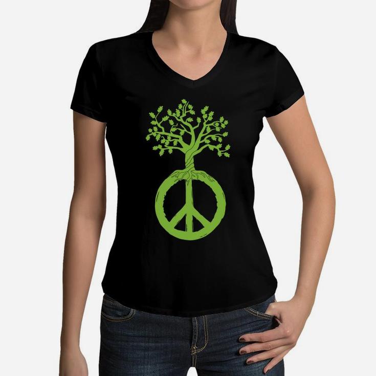 Peace Green Tree Hippie Peace Sign Inclusion Women V-Neck T-Shirt