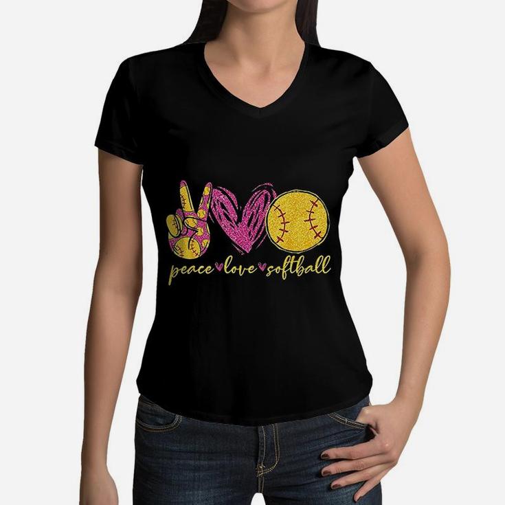Peace Love Softball Cute Softball Lover Mothers Day Women V-Neck T-Shirt
