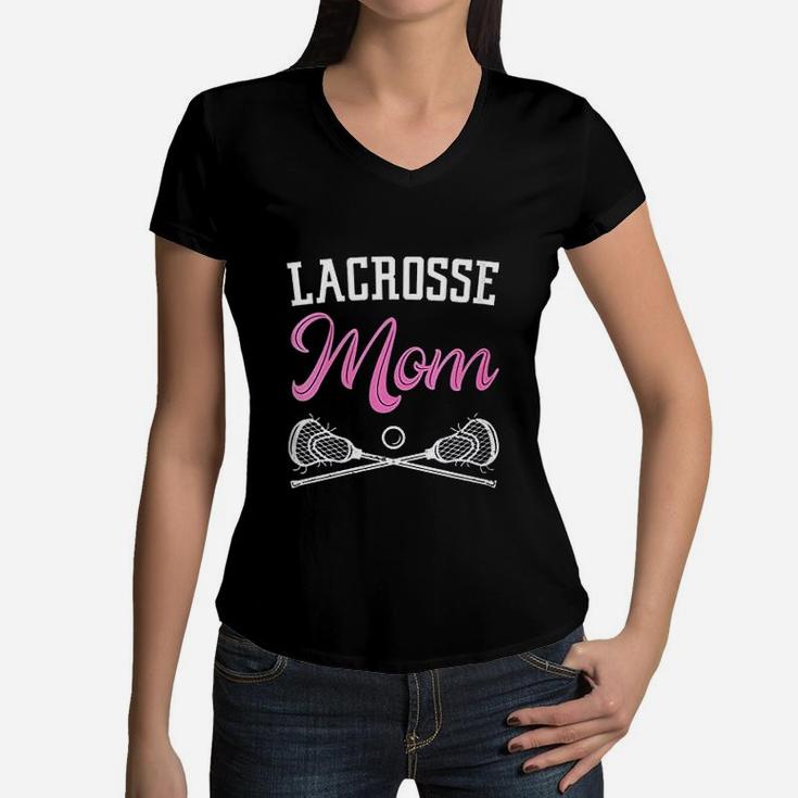 Pink Lacrosse Mom Lax Sticks Gift For Sons Game Day Women V-Neck T-Shirt