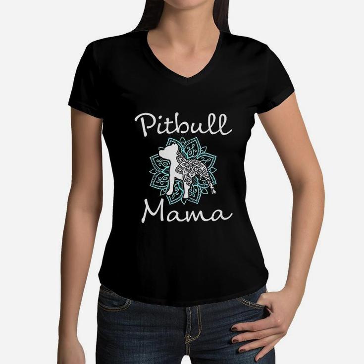 Pitbull Mama Mandala Teal Cute Pit Bull Dog Gift For Mom Women V-Neck T-Shirt