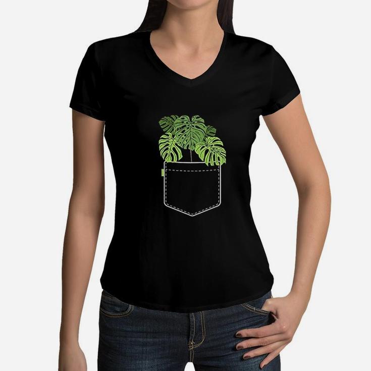 Plant Monstera Pocket Plant Mama Women V-Neck T-Shirt