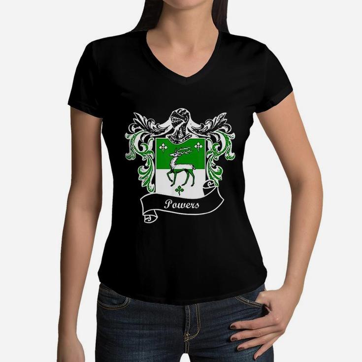 Powers Coat Of Arms Surname Last Name Family Crest Women V-Neck T-Shirt
